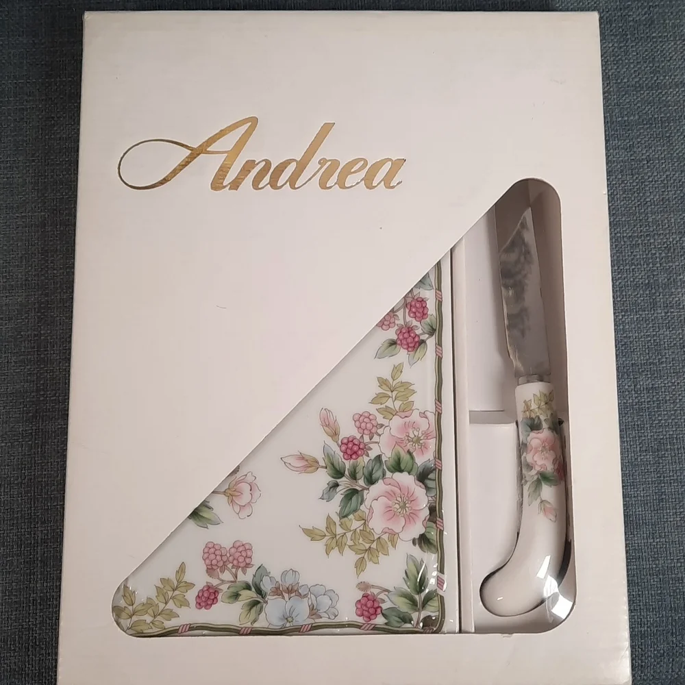 Porcelain Cheese Charcuterie Board Plate Matching Forked Knife Flowers Raspberry